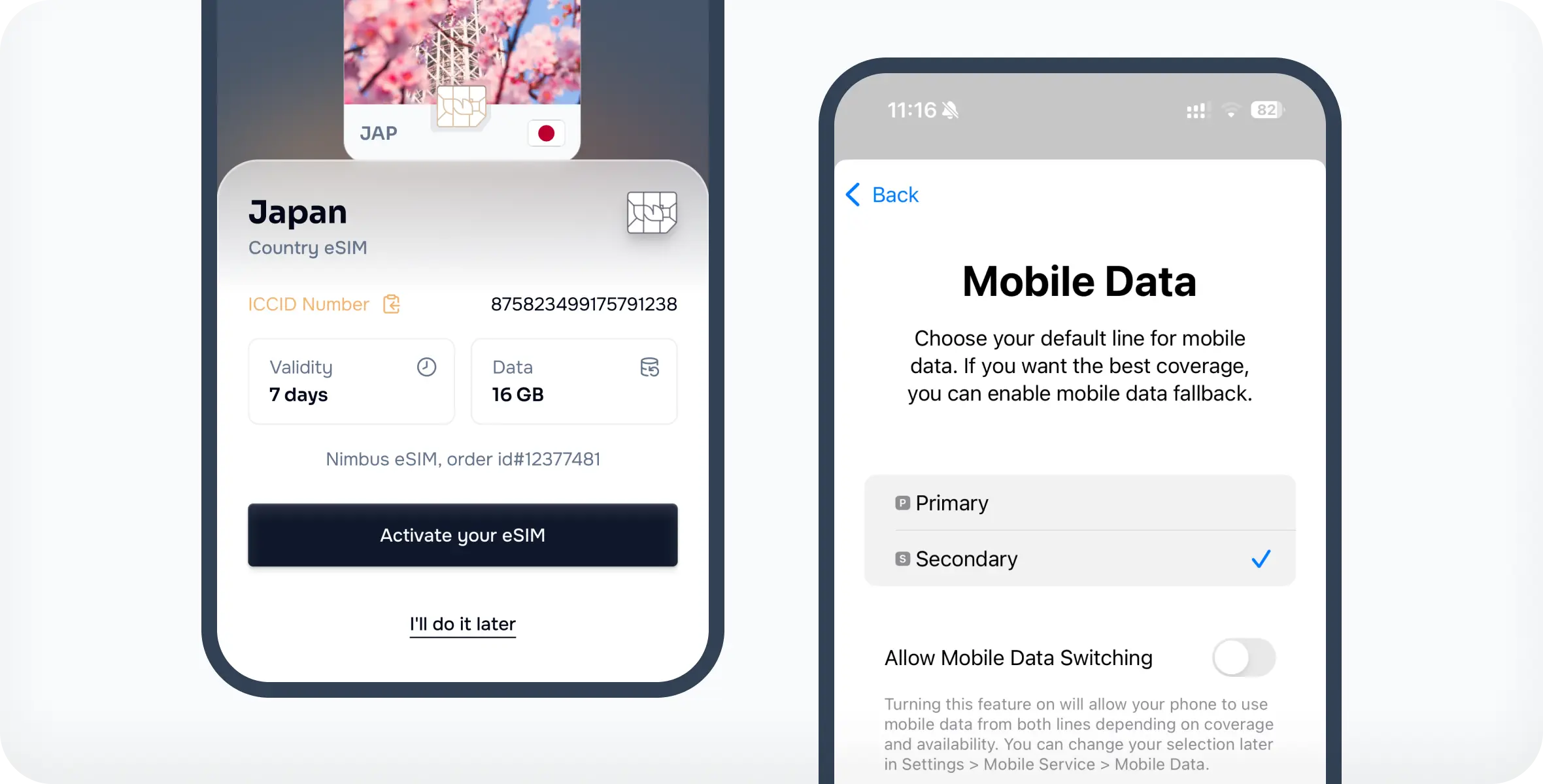 Nimbus app eSIM QR code installation screen